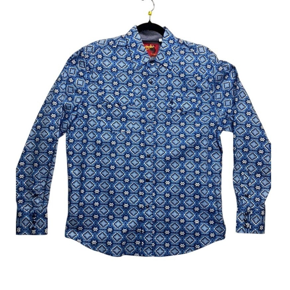 Rodeo Clothing Co Mens Blue Geometric Aztec Western Pearl Snap‎ Shirt PS100L M
